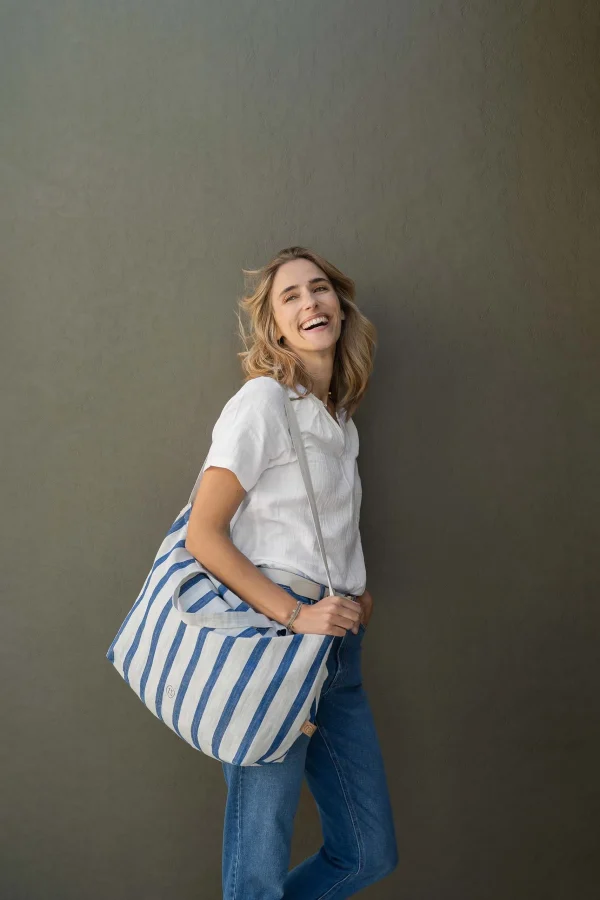 Cheap grote boodschappentas gestreept peper en zout/kobaltblauw Schoudertassen & Handtassen