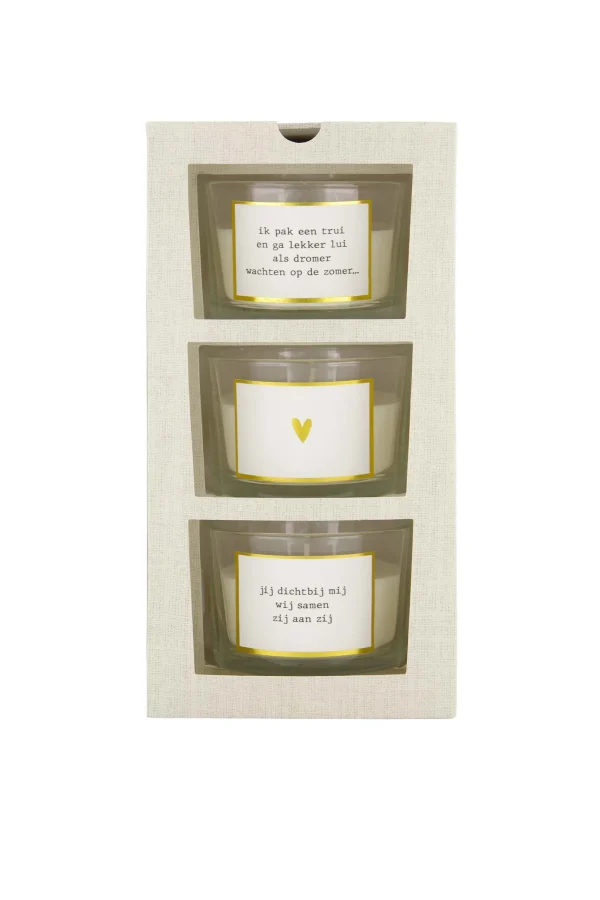 New set van 3 geurkaarsen in doosje linnen Geurkaarsen