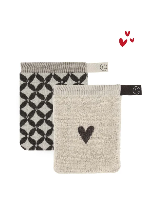 Clearance set van 2 washandjes hartje/patroon antracietgrijs/zand Bad