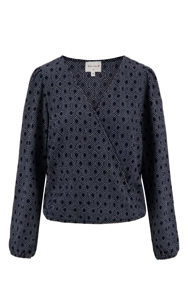 Discount wikkeltop met blockprint donkerblauw grijs Tops
