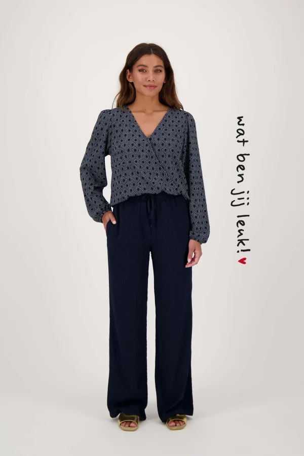Discount wikkeltop met blockprint donkerblauw grijs Tops
