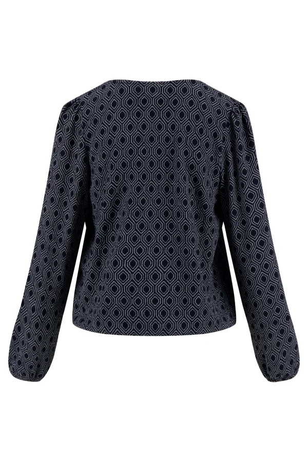 Discount wikkeltop met blockprint donkerblauw grijs Tops